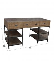 SOLID WOOD & IRON DESK W/ 3 DRAWERS & 4 SHELVES
