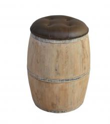 SOLID WOOD BARREL STORAGE STOOL W/ UPHOLSTERED LEATHER COVER