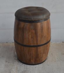 SOLID WOOD BARREL STORAGE STOOL W/ UPHOLSTERED LEATHER COVER