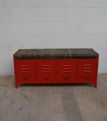 IRON LOCKER BENCH W/ LEATHER UPHOLSTERED SEAT