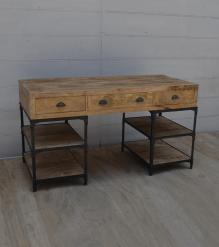 SOLID WOOD & IRON DESK W/ 3 DRAWERS & 4 SHELVES
