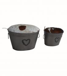 FARMHOUSE METAL & COWHIDE STORAGE BUCKETS W/ REMOVEABLE LIDS