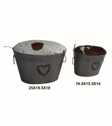 FARMHOUSE METAL & COWHIDE STORAGE BUCKETS W/ REMOVEABLE LIDS
