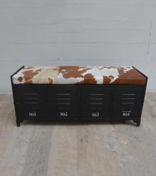 IRON LOCKER BENCH W/ LEATHER UPHOLSTERED SEAT