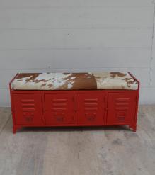 IRON LOCKER BENCH W/ LEATHER UPHOLSTERED SEAT