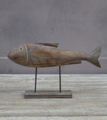 HAND CARVED SOLID WOOD FISH ON STAND