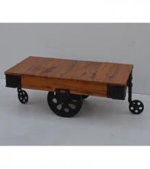 SOLID WOOD & IRON ROLLING CART COFFEE TABLE