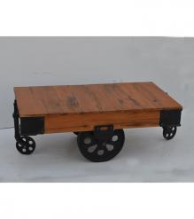 SOLID WOOD & IRON ROLLING CART COFFEE TABLE