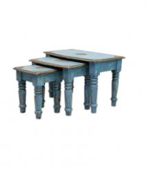 SET OF 3 SOLID WOOD & BRASS DECORATION TABLES / STOOLS