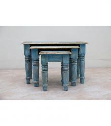 SET OF 3 SOLID WOOD & BRASS DECORATION TABLES / STOOLS