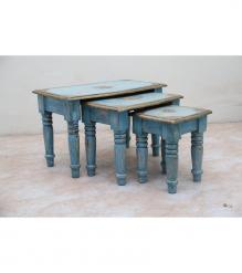 SET OF 3 SOLID WOOD & BRASS DECORATION TABLES / STOOLS