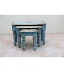 SET OF 3 SOLID WOOD & BRASS DECORATION TABLES / STOOLS
