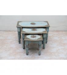 WOODEN STOOL SET OF 3 WITH BRASS