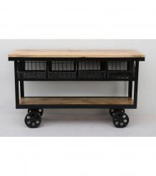 SOLID IRON & WOOD CONSOLE TROLLEY ON WHEELS