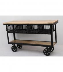 SOLID IRON & WOOD CONSOLE TROLLEY ON WHEELS