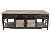 SOLID WOOD & IRON W/ SLIDING DOORS COFFEE TABLE
