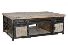 SOLID WOOD & IRON W/ SLIDING DOORS COFFEE TABLE