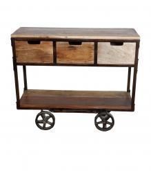 SOLID WOOD & IRON 3 DRAWER TROLLEY CONSOLE 