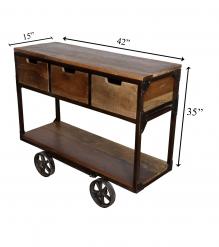 SOLID WOOD & IRON 3 DRAWER TROLLEY CONSOLE 