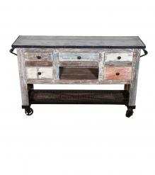 SOLID RECLAIMED TEAK WOOD, GLASS & IRON TROLLEY CABINET