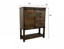 SOLID WOOD CABINET W/ 5 DRAWERS & SLIDING BARN DOOR W/ SHELVES