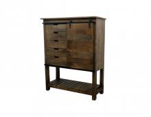 SOLID WOOD CABINET W/ 5 DRAWERS & SLIDING BARN DOOR W/ SHELVES