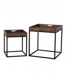 PAIR OF SOLID WOOD & IRON END TABLES