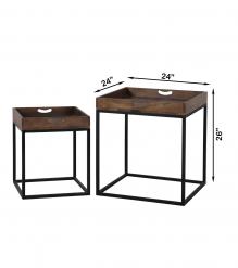 PAIR OF SOLID WOOD & IRON END TABLES