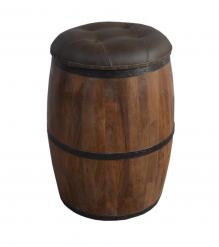 SOLID WOOD BARREL STORAGE STOOL W/ UPHOLSTERED LEATHER COVER
