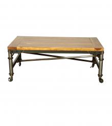SOLID WOOD & IRON COFFEE TABLE ON WHEELS