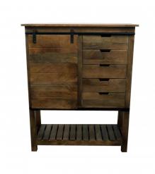 SOLID WOOD CABINET W/ 5 DRAWERS & SLIDING BARN DOOR W/ SHELVES