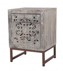 HAND CARVED SOLID WOOD & METAL SIDE TABLE