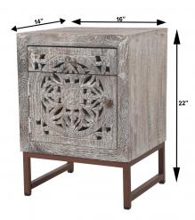 HAND CARVED SOLID WOOD & METAL SIDE TABLE