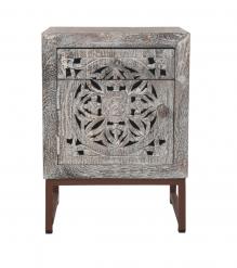 HAND CARVED SOLID WOOD & METAL SIDE TABLE