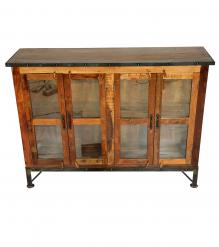 SOLID RECLAIMED TEAK WOOD & GLASS CABINET SIDEBOARD W/ 4 DOORS & METAL TRIM