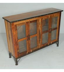 SOLID RECLAIMED TEAK WOOD & GLASS CABINET SIDEBOARD W/ 4 DOORS & METAL TRIM