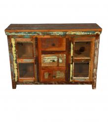 SOLID RECLAIMED TEAK WOOD SIDEBOARD W/ DRAWERS, DOORS & GLASS