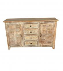 HAND CARVED SOLID RECLAIMED TEAK WOOD SIDEBOARD W/ 2 DOORS & 4 DRAWERS