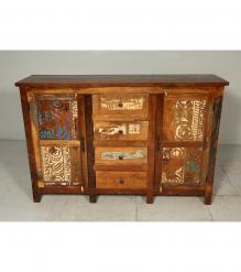 SOLID RECLAIMED CARVED TEAK WOOD W/ 4 DRAWERS & 2 DOORS SIDEBOARD CONSOLE