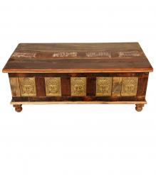 SOLID RECLAIMED TEAK W/ BRASS FITTED BUDDHA CASTINGS TRUNK COFFEE TABLE BLANKET CHEST