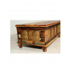 SOLID RECLAIMED TEAK W/ BRASS FITTED BUDDHA CASTINGS TRUNK COFFEE TABLE BLANKET CHEST