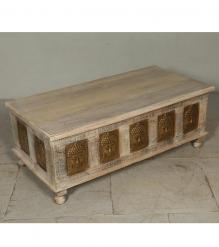 SOLID RECLAIMED TEAK W/ BRASS FITTED BUDDHA CASTINGS TRUNK COFFEE TABLE BLANKET CHEST