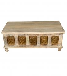 SOLID RECLAIMED TEAK W/ BRASS FITTED BUDDHA CASTINGS TRUNK COFFEE TABLE BLANKET CHEST