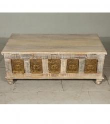 SOLID RECLAIMED TEAK W/ BRASS FITTED BUDDHA CASTINGS TRUNK COFFEE TABLE BLANKET CHEST