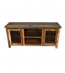 SOLID RECLAIMED TEAK WOOD & METAL 2 DOOR CONSOLE SIDEBOARD