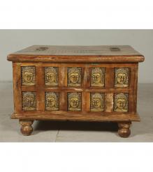 SOLID RECLAIMED TEAK W/ BRASS FITTED BUDDHA CASTINGS TRUNK COFFEE TABLE BLANKET CHEST