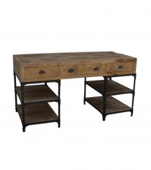 SOLID WOOD & IRON DESK W/ 3 DRAWERS & 4 SHELVES