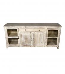 SOLID RECLAIMED TEAK WOOD & GLASS W/ 4 DOORS & 1 DRAWER SIDEBOARD CABINET