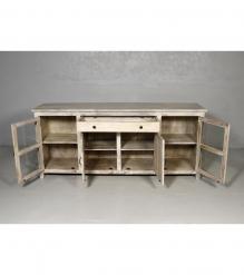SOLID RECLAIMED TEAK WOOD & GLASS W/ 4 DOORS & 1 DRAWER SIDEBOARD CABINET