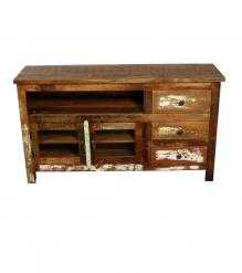 SOLID RECLAIMED TEAK WOOD & GLASS MEDIA CABINET WITH 3 DRAWERS & 2 DOORS